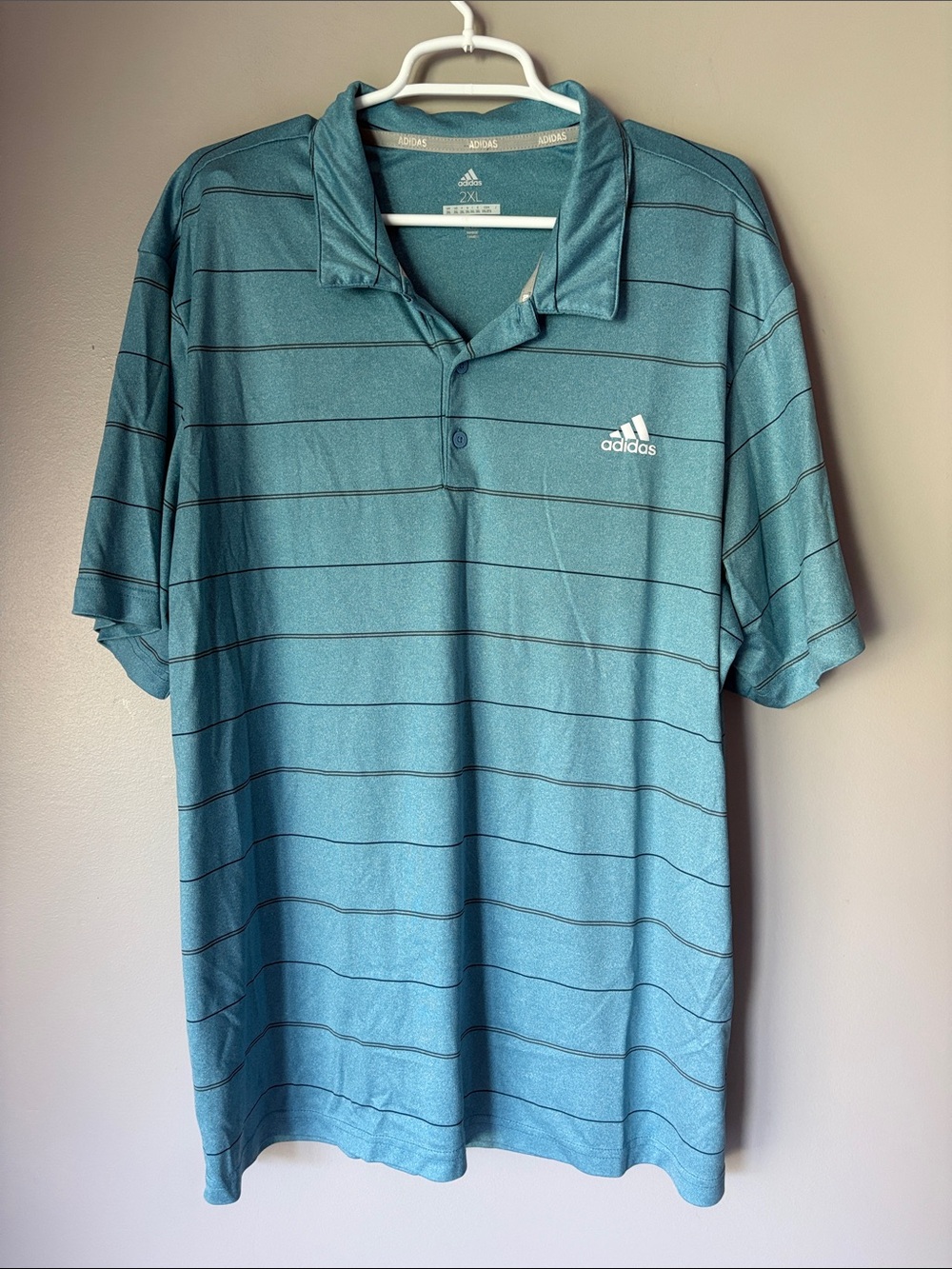 Adidas Polo Shirt Mens 2XL Blue Striped Pullover Golf Stretch Dry Fit